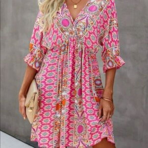 Boho Batwing Sleeve Dress Top Blouse Mini Dress - Picture 2 of 8